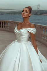 Off-the-Shoulder Ball Gown Wedding Dress Ivory Satin Bridal Wear-27dress