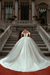 Off-the-Shoulder Ball Gown Wedding Dress Ivory Satin Bridal Wear-27dress