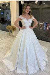 Off-the-Shoulder Ball Gown Wedding Dress Lace Appliques Bridal Gown-27dress