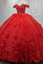 Off-the-Shoulder Ball Gown Wedding Dress Red With Appliques-27dress