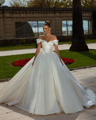 Off-the-Shoulder Ball Gown Wedding Dress Satin-27dress