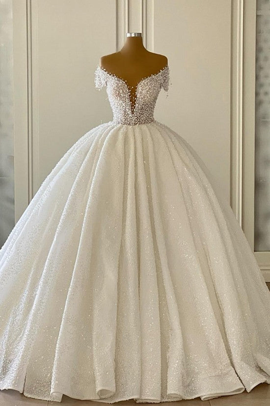 Off-the-Shoulder Ball Gown Wedding Dress Sequins Long-27dress