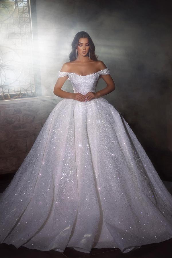 Off-the-Shoulder Ball Gown Wedding Dress Sequins Online-27dress