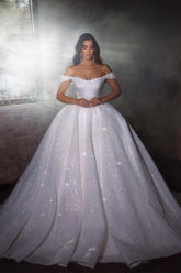 Off-the-Shoulder Ball Gown Wedding Dress Sequins Online-27dress