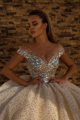 Off-the-Shoulder Ball Gown Wedding Dress With Crystals-27dress