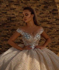 Off-the-Shoulder Ball Gown Wedding Dress With Crystals-27dress