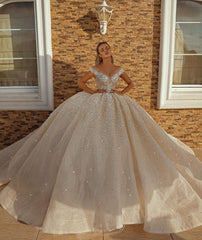 Off-the-Shoulder Ball Gown Wedding Dress With Crystals-27dress