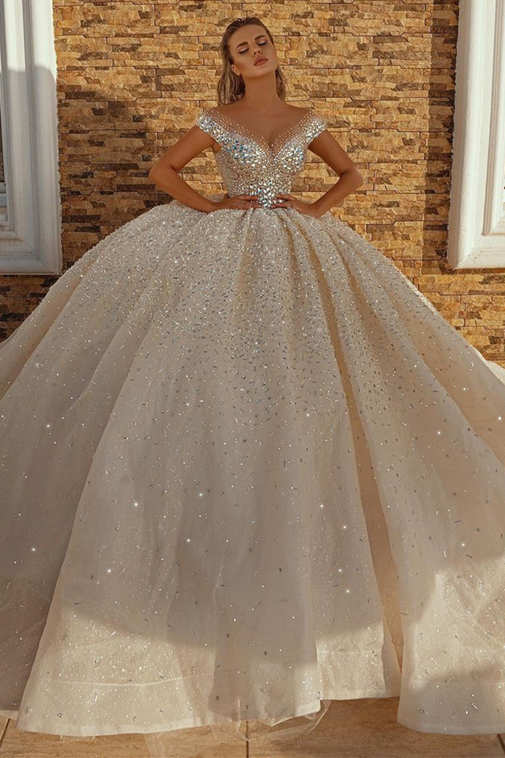 Off-the-Shoulder Ball Gown Wedding Dress With Crystals-27dress