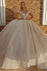 Off-the-Shoulder Ball Gown Wedding Dress With Crystals-27dress