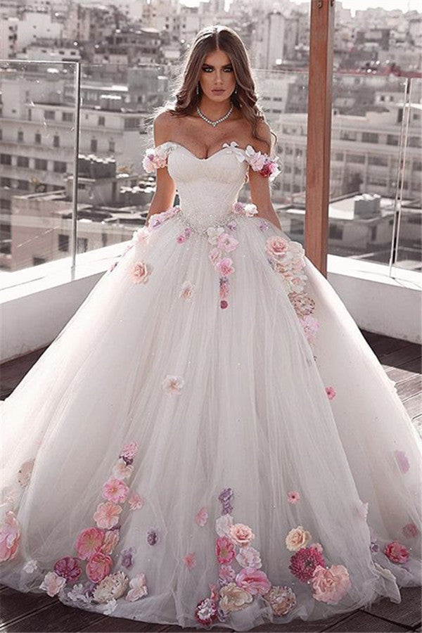 Off-the-Shoulder Ball Gown Wedding Dress With Flowers-27dress