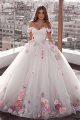 Off-the-Shoulder Ball Gown Wedding Dress With Flowers-27dress