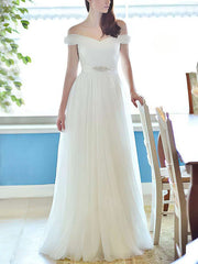 Off-the-shoulder Ball Gown Wedding Dress with Tulle & Beading