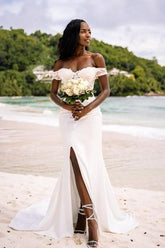 Off-the-Shoulder Beach Wedding Dress Mermaid Split Long-27dress