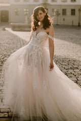 Off-the-Shoulder Beach Wedding Dress Tulle With Appliques-27dress