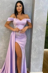Off the Shoulder Beadings Lilac Long Mermaid Prom Dress With Ruffles Split