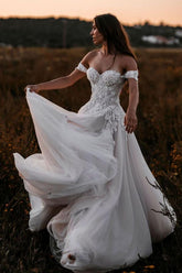 Off-the-Shoulder Boho Wedding Dress Tulle With Lace Appliques-27dress