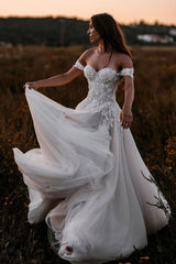 Off-the-Shoulder Boho Wedding Dress Tulle With Lace Appliques-27dress