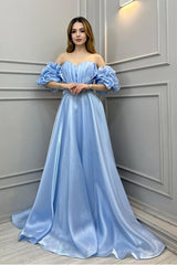 Off the Shoulder Bubble Sleeves Long Prom Dress With Pleated