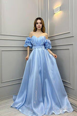 Off the Shoulder Bubble Sleeves Long Prom Dress With Pleated