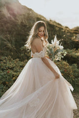Off-the-Shoulder Champagne Beach Wedding Dress Lace Tulle Long-27dress