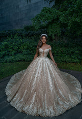 Off-the-Shoulder Champagne Wedding Dress Ball Gown With Appliques-27dress
