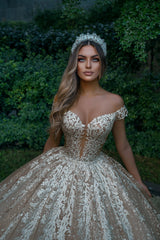 Off-the-Shoulder Champagne Wedding Dress Ball Gown With Appliques-27dress
