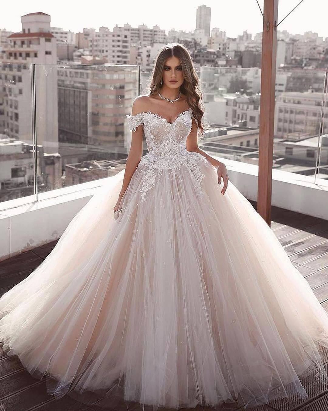 Off-the-Shoulder Champagne Wedding Dress Ball Gown With Tulle Lace-27dress
