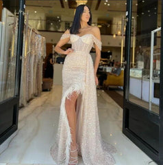 Off the Shoulder Charming Champagne Sequins Prom Dress With Feather