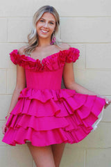 Off the Shoulder Fuchsia Tiered A-Line Homecoming Dress