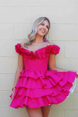 Off the Shoulder Fuchsia Tiered A-Line Homecoming Dress
