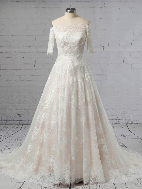 Off-the-shoulder Lace Ball Gown Wedding Dress with Sweep Train