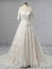 Off-the-shoulder Lace Ball Gown Wedding Dress with Sweep Train