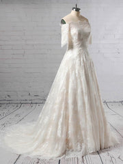 Off-the-shoulder Lace Ball Gown Wedding Dress with Sweep Train