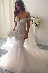 Off-the-Shoulder Lace Wedding Dress Mermaid Long-27dress