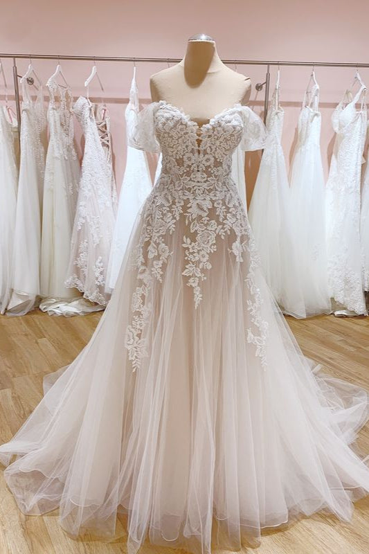Off-the-Shoulder Lace Wedding Dress Tulle Bridal Gowns-27dress