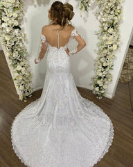 Off-the-Shoulder Long Sleeve Wedding Dress Mermaid With Lace Appliques-27dress