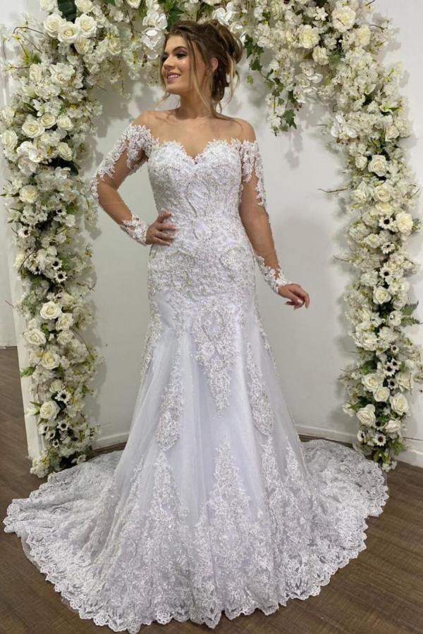 Off-the-Shoulder Long Sleeve Wedding Dress Mermaid With Lace Appliques-27dress