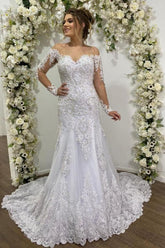 Off-the-Shoulder Long Sleeve Wedding Dress Mermaid With Lace Appliques-27dress