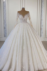 Off-the-shoulder Long Sleeves Ball Gown Wedding Dress With Lace Appliques-27dress