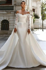 Off-the-Shoulder Long Sleeves Lace Mermaid Wedding Dress-27dress