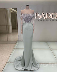 Off the Shoulder Long Sleeves Long Mermaid Prom Dress With Beading