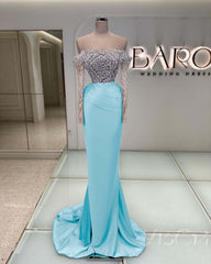 Off the Shoulder Long Sleeves Long Mermaid Prom Dress With Beading