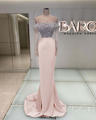 Off the Shoulder Long Sleeves Long Mermaid Prom Dress With Beading