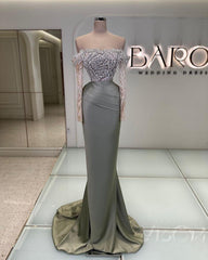 Off the Shoulder Long Sleeves Long Mermaid Prom Dress With Beading