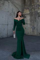 Off the Shoulder Long Sleeves Split Long Prom Dress With Pleated