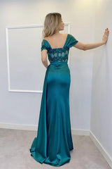 Off the Shoulder Long Split Prom Dress With Appliques Pleated