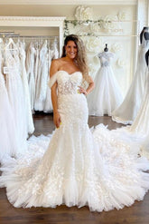 Off-the-Shoulder Mermaid Lace Wedding Dress Long-27dress