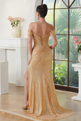 Off-the-shoulder Mermaid Long Sequined Prom Dress with Slit-27dress