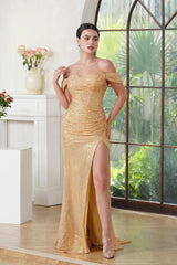 Off-the-shoulder Mermaid Long Sequined Prom Dress with Slit-27dress