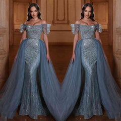 Off the Shoulder Mermaid Prom Dress Tulle Ruffles With Appliques